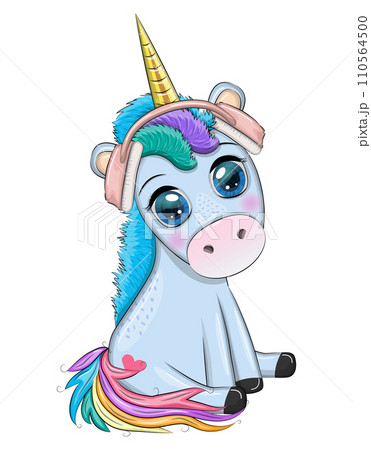 Cute Cartoon Unicorn with headphones on a blue background 110564500