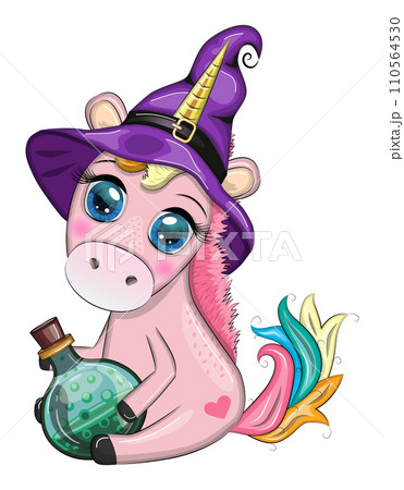 Cute cartoon unicorn in purple witch hat, with pumpkins, potion or broom, Halloween holiday character 110564530