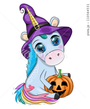 Cute cartoon unicorn in purple witch hat, with pumpkins, potion or broom, Halloween holiday character 110564531