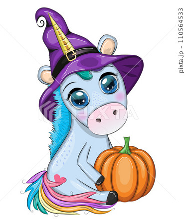 Cute cartoon unicorn in purple witch hat, with pumpkins, potion or broom, Halloween holiday character 110564533