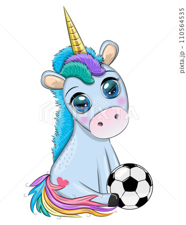 Cute cartoon unicorn with soccer ball, summer, kids games, club 110564535
