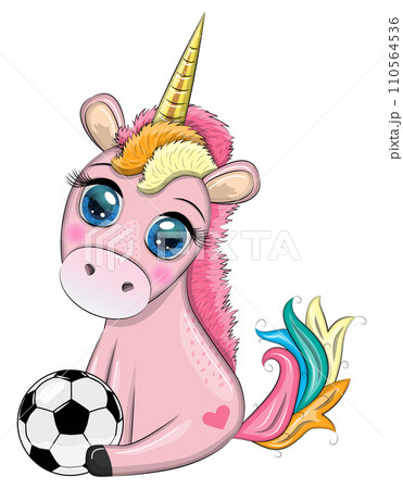 Cute cartoon unicorn with soccer ball, summer, kids games, club 110564536