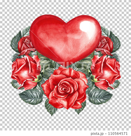 Red watercolor heart decorated with roses. Hand-drawn watercolor illustration. A design element of a Valentine's day card, a wedding invitation. For packaging and labels, posters and leaflets, prints. Red watercolor heart decorated with roses. Hand-drawn watercolor illustration. A design element of a Valentine's day card, a wedding invitation. For packaging and labels, posters and leaflets, prints. 110564571