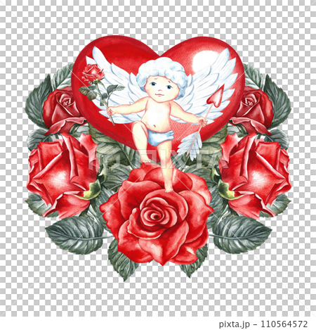 Cute little cupid on the background of a red heart with roses. Hand-drawn watercolor illustration. For lovers, Valentine's day and weddings. For posters, greeting cards. For printing and stickers. 110564572