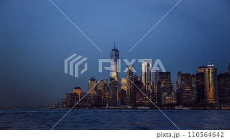 View of Manhattan from Hudson bay at twilight 110564642