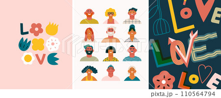 Valentines day cards set - modern flat vector concept illustrations of couples celebrating their love, greeting card design, floral environment. Metaphor of unity, affection, love, connection, growth 110564794