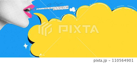 Vector collage grunge banner. Female announcing crazy promotions. Doodle elements on retro poster. Stylish modern advertising poster design with space for text. 110564901