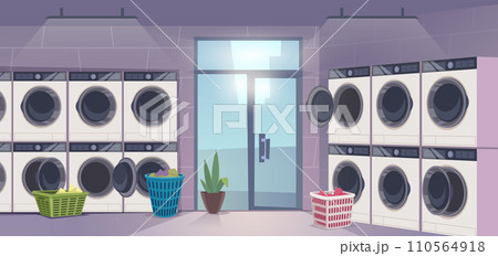 Laundry room. Washing service for dirty clothes exact vector cartoon background 110564918