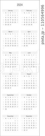 Monthly calendar of year 2024. Week starts on Sunday. Block of months in two columns vertical arrangement. Simple thin minimalist design. Vector illustration. 110564996