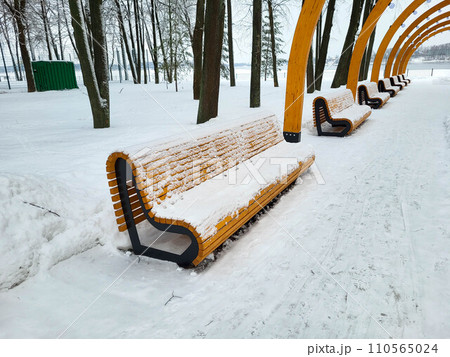 Beautiful wooden benches in the snow during the day in the park. 110565024