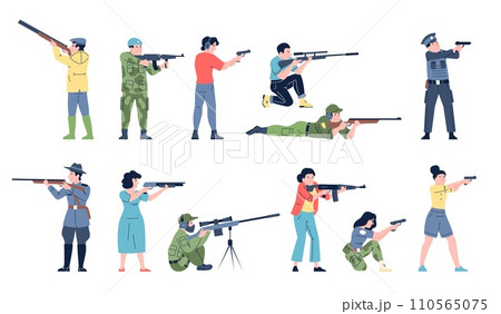 Shooting range. People hold firearms, men woman shoots. Shoot training with gun and rifle, holding different weapons recent vector characters Shooting range. People hold firearms, men woman shoots. Shoot training with gun and rifle, holding different weapons recent vector characters 110565075