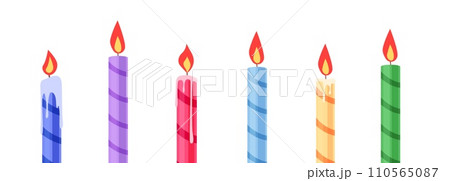 Cartoon birthday candles. Simple anniversary party bright striped candle with fire. Flat festive congratulation banner, nowaday vector background 110565087