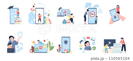 Gadget free time, kids digital content. Time limit with computer and low tech education. Children using gadgets with parental control, recent vector scenes 110565104