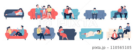 People resting at home. Person rest on couch or sofa, nice weekend at house. Man woman relaxing alone or with family and friends, recent vector scenes 110565105