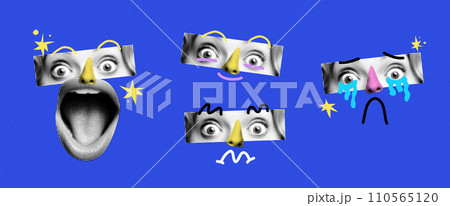 Art collage designs. With halfone faces in abstract popart style. With cartoon eyes and lips doodles. Variations of different emotions. Vector illustration 110565120