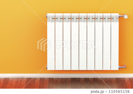 Heating radiator with radiator thermostatic valve in interior, 3D rendering 110565156