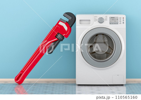 Washing machine with plumber wrench in interior. Repair and service of washing machine concept. 3D rendering 110565160