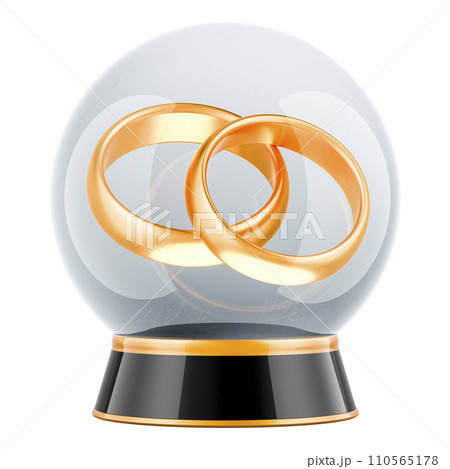 Marriage Prediction, concept. Crystal ball with golden wedding rings. 3D rendering Marriage Prediction, concept. Crystal ball with golden wedding rings. 3D rendering 110565178