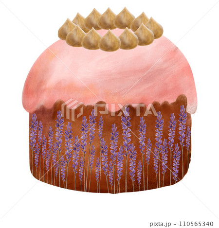 Easter cake in watercolor, hand drawn. Lavender cake topped with meringue, religious traditional cake with sprinkles.Happy Easter 110565340