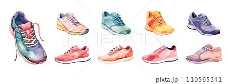 AI-generated content. Sport shoes icons, watercolor sneakers different colors and style. Athletic shoe, isolated athletes equipment or accessories, vector set 110565341