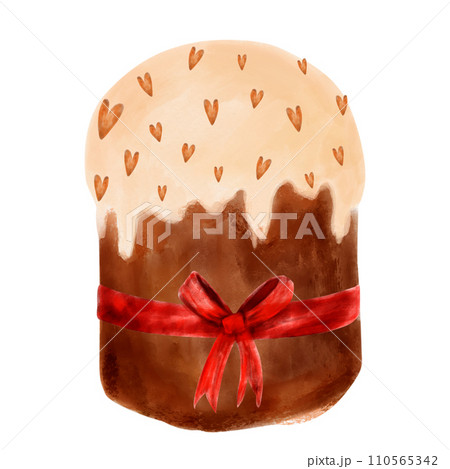 Watercolor Easter cake with hearts, decorated with a red bow, hand drawn. Cake with decoration, religious traditional cake with sprinkles.Happy Easter 110565342