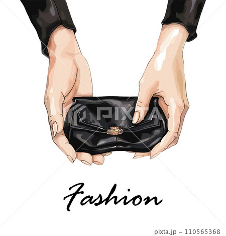 AI-generated content. Female hands holding small black satin or leather bag. Little elegance fashion purse in girl hand. Party or dinner or date accessory, vector poster 110565368