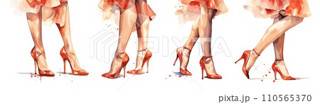 AI-generated content. Elegance woman legs in red shoes and dress. Watercolor style fashion illustration. Female sexy feet, isolated decorative vector elements 110565370