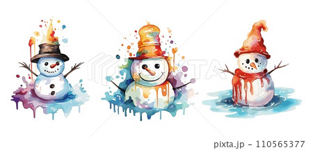 AI-generated content. Colorful melted snowman. Watercolor snowmen in hats, spring characters. Good bye winter, abstract vector snowy elements AI-generated content. Colorful melted snowman. Watercolor snowmen in hats, spring characters. Good bye winter, abstract vector snowy elements 110565377