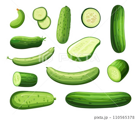 AI-generated content. Cartoon cucumbers collection. Cucumber isolated on white background, green fresh vegetable for preparing, salad and eating. Vector clipart AI-generated content. Cartoon cucumbers collection. Cucumber isolated on white background, green fresh vegetable for preparing, salad and eating. Vector clipart 110565378