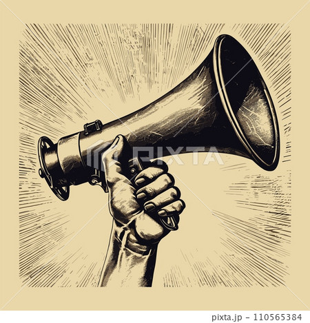 AI-generated content. Vintage megaphone engraving. Retro bullhorn in hand, loudspeaker announcement advertisement concept, megaphon speaker sketch 110565384