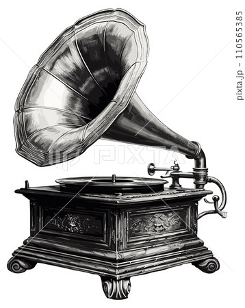 AI-generated content. Vintage gramophone sketch. Retro phonograph vector illustration, turntable vinyl record-player engraving, music speaker etching isolated 110565385