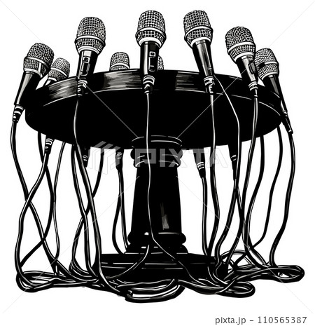 AI-generated content. Speech tribune sketch. Audience podium with microphones isolated, political debate lecture speaking presentation ceremony news mics stand, press conference standing rostrum 110565387