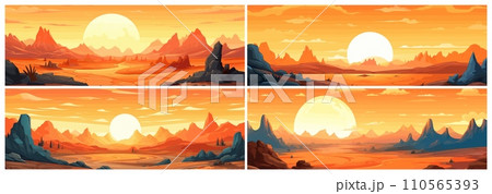 AI-generated content. Mexican desert sunset. Wild west background, arizona wildness country western sunrise vector landscape, american cowboys style horizon 110565393