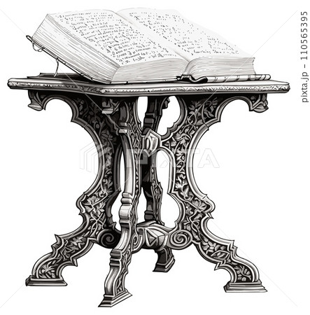 AI-generated content. Koran on stand sketch. Old holy islamic book quran on carved wooden table hand drawn vector illustration, islam praying tome AI-generated content. Koran on stand sketch. Old holy islamic book quran on carved wooden table hand drawn vector illustration, islam praying tome 110565395