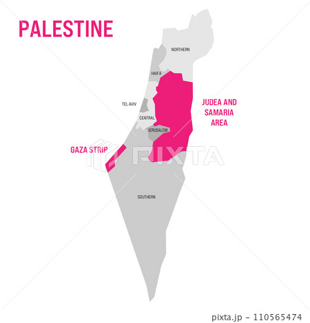 Political map of Palestine highlighted in the map of Israel. Pink colored Gaza Strip and Judea and Samaria Area. Vector Illustration Political map of Palestine highlighted in the map of Israel. Pink colored Gaza Strip and Judea and Samaria Area. Vector Illustration 110565474
