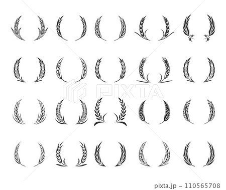 Flat Vector Black Silhouette of Circular Laurel Foliate, Wheat, Oak Wreaths Set, Depicting an Award, Achievement. Design Template for Bread, Beer Logo, Packaging, Labels Flat Vector Black Silhouette of Circular Laurel Foliate, Wheat, Oak Wreaths Set, Depicting an Award, Achievement. Design Template for Bread, Beer Logo, Packaging, Labels 110565708