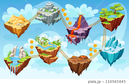Islands level map. Adventure game play stage, road award fantasy island levels flying land platform bridge in sky, arcade gaming nature world ui layout neoteric vector illustration 110565845