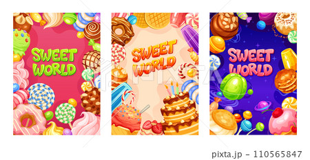 Candy world posters. Sweet wonderland banner design, fantasy donuts planet in galaxy space, chocolate jelly sweets cake caramel lollipop Candy world posters. Sweet wonderland banner design, fantasy donuts planet in galaxy space, chocolate jelly sweets cake caramel lollipop 110565847