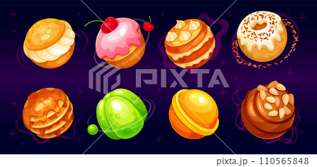 Candy planets. Sweet planet balls in cosmos space sweets world, chocolate crazy dessert jelly ufo ball sweetly donut for kids magic galaxy game element neoteric vector illustration Candy planets. Sweet planet balls in cosmos space sweets world, chocolate crazy dessert jelly ufo ball sweetly donut for kids magic galaxy game element neoteric vector illustration 110565848