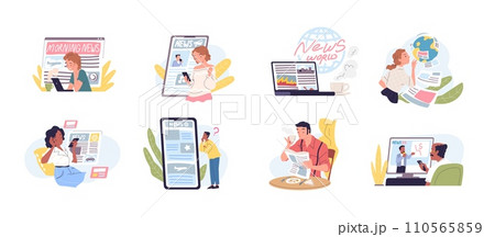 People reading news. Man read new newspapers, smartphone internet website, media web information in laptop computer or watching online television concept classy vector illustration People reading news. Man read new newspapers, smartphone internet website, media web information in laptop computer or watching online television concept classy vector illustration 110565859