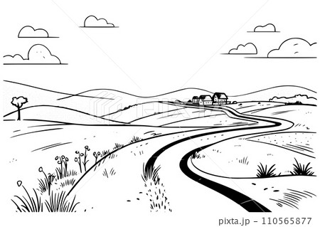 Desert road hand drawn ink sketch highway landscape. Engraved style vector illustration. 110565877