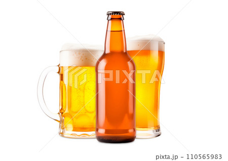 Set of Beer glasses and bottles on a white background. Mugs with drink like Ipa, Pale Ale, Pilsner, Porter or Stout 110565983