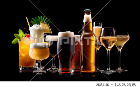 Set and collection of classic alcohol cocktails or mocktail isolated on black background with fresh summer fruits 110565996