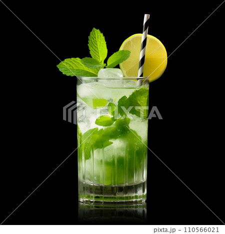 Mojito cocktail, garnished with fresh mint and a slice of lime in a tall glass 110566021