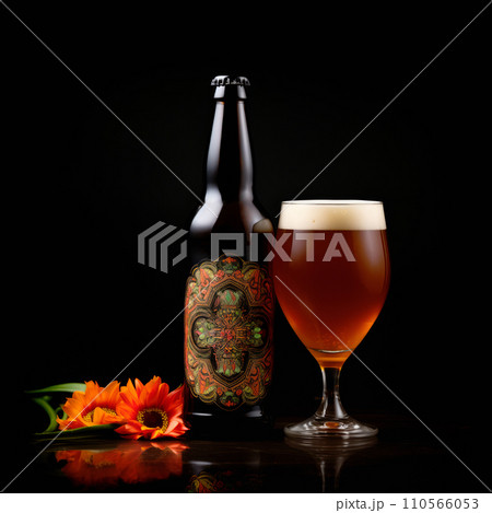 Beer in glass and beer bottle on a dark black background. Mugs with drink like Ipa, Pale Ale, Pilsner, Porter or Stout Beer in glass and beer bottle on a dark black background. Mugs with drink like Ipa, Pale Ale, Pilsner, Porter or Stout 110566053