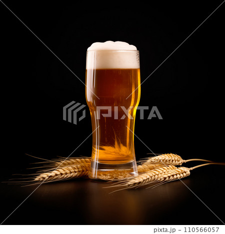 Beer in mug with wheat ears spikelets on black background. Mugs with drink like Ipa, Pale Ale, Pilsner, Porter or Stout 110566057