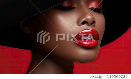 Beautiful black woman with red lips and hat on a red background.  110566225