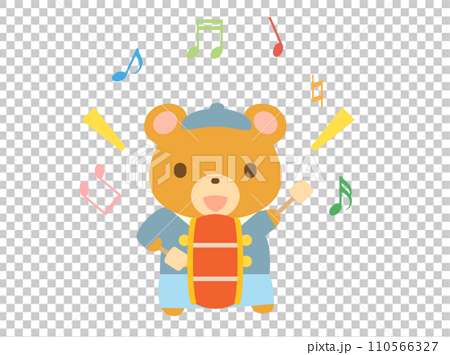 大太鼓を鳴らす熊さんのイラスト　音符ありバージョン 110566327