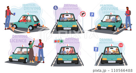 Students Engage In Driving Practice At School, Mastering Essential Skills Like Parking And Maneuvering, Vector Set Students Engage In Driving Practice At School, Mastering Essential Skills Like Parking And Maneuvering, Vector Set 110566488