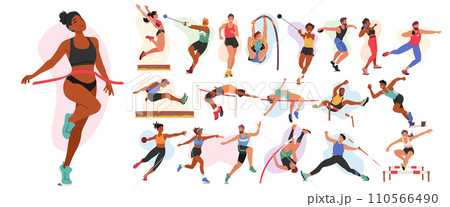 Set of Athletes Male and Female Characters. Runner, Long and High Jump, Put Shot, Race Walk and Pole Jumping Set of Athletes Male and Female Characters. Runner, Long and High Jump, Put Shot, Race Walk and Pole Jumping 110566490